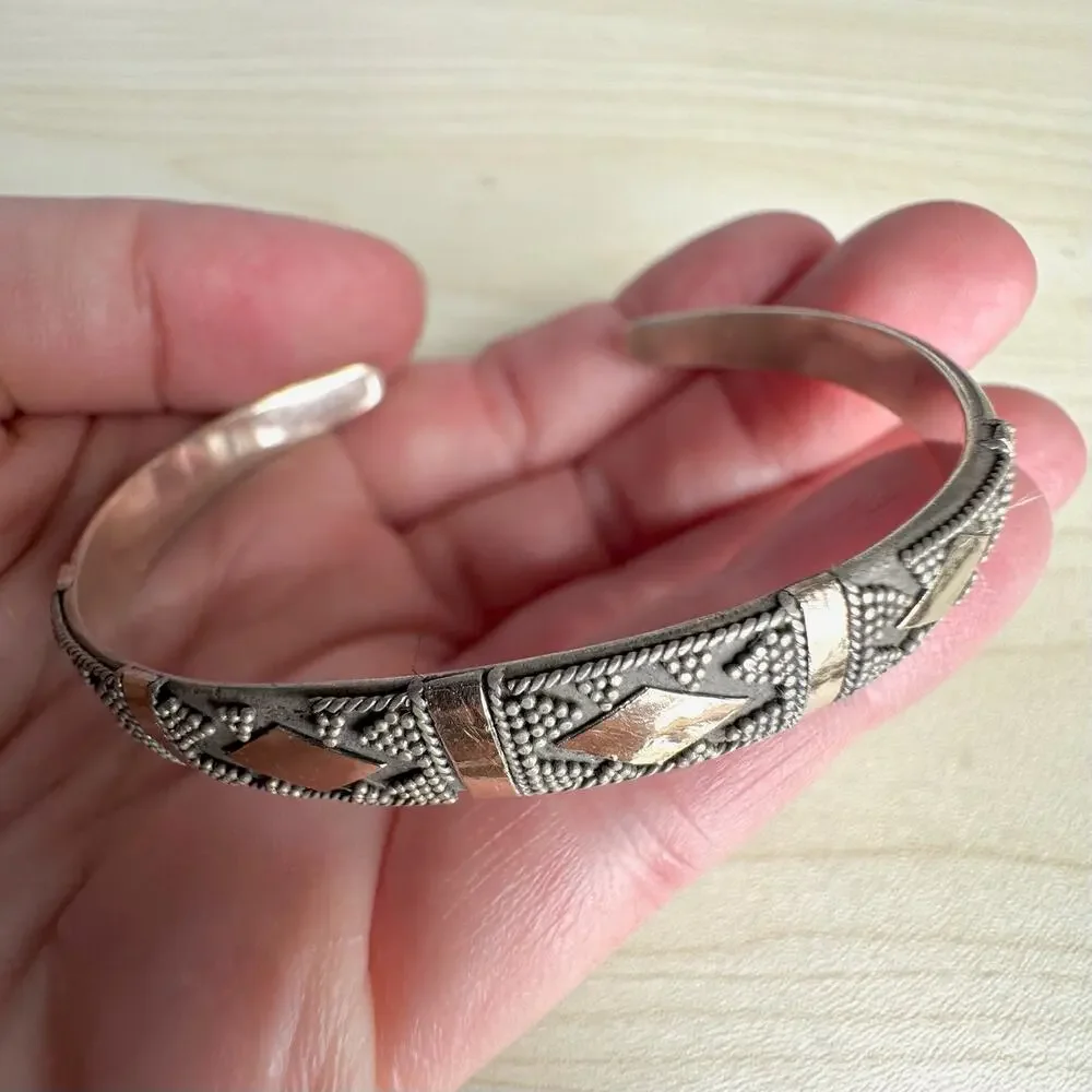 Vintage 925 Silver and Gold Plated Balinese Dot and Diamond Cuff Bracelet